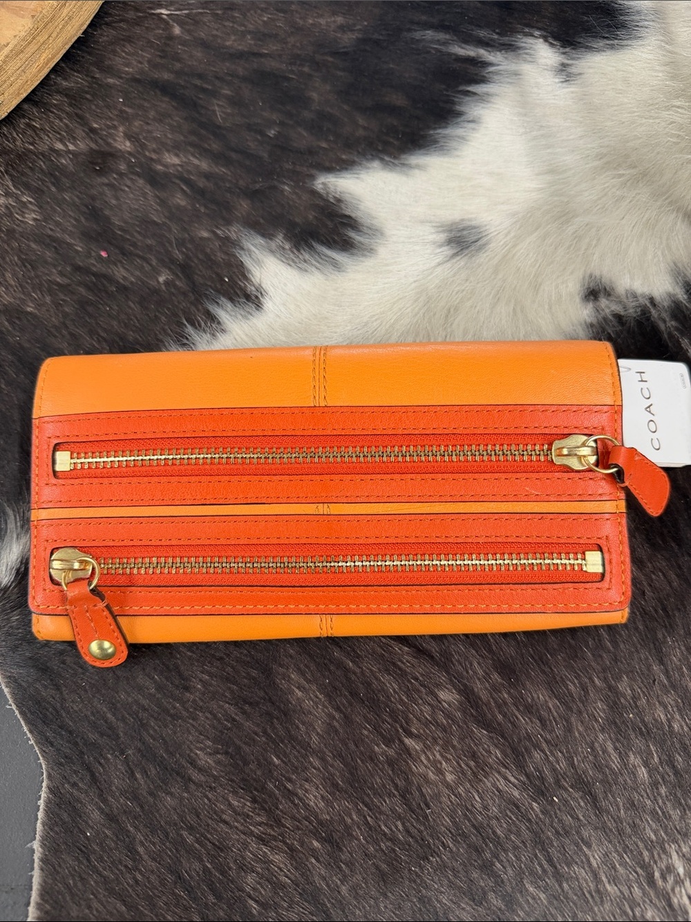 Coach Orange Leather Zip-Around Wallet with Dual Front Zips